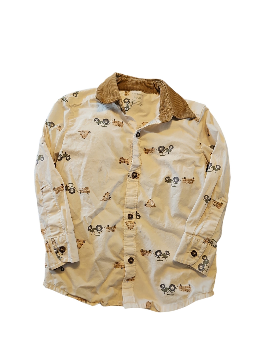 Beige Tractor-Print Button-Down Shirt for Kids Carters Size 3t